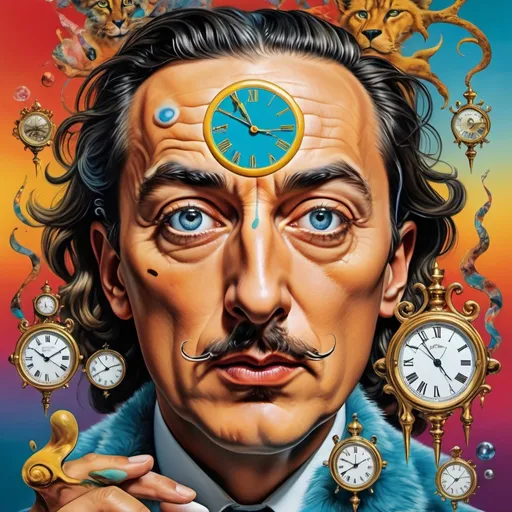 Prompt: Surrealistic 8K illustration of an overdetailed, photorealistic illusion with intense and piercing gaze, vibrant and intense colors, Salvador Dali-inspired style, intricate fur patterns, melting clock elements, dreamlike, vibrant color palette, highres, ultra-detailed, photorealistic, surreal, Salvador Dali-inspired, intense gaze, intricate patterns, dreamlike, vibrant colors