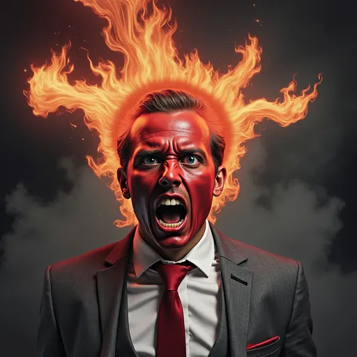 Prompt: a man with a red tie and a red fire painted on his face and face is shown in the background, Bastien L. Deharme, shock art, highly detailed digital painting, a photorealistic painting