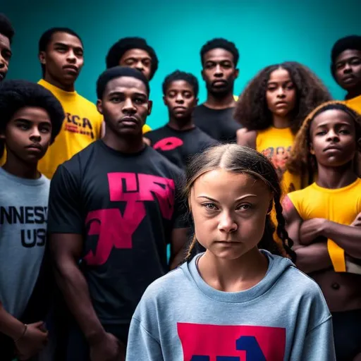 Prompt: Realistic portrait of intense Greta Thunberg, surrounded by five black men in speedos, one Afro American wearing a Bill Cosby t-shirt, holding a Skolstrejk sign, passionate message, cozy setting, high quality, realistic, intense gaze, detailed facial expressions, powerful message, diversity, contemporary art, warm lighting

Realistic portrait of intense Greta Thunberg, cozy couch, 5 black men in speedos, Bill Cosby t-shirt, Skolstrejk sign, powerful message, passion, high quality, realistic, intense, detailed facial expressions, warm lighting, diverse characters, meaningful composition

Realistic portrait of intense Greta Thunberg, cozy couch, black men in speedos, Afro american (Bill Cosby t-shirt), Skolstrejk sign, powerful message, passion, high quality, realistic, detailed, intense, indoor lighting, diverse, meaningful