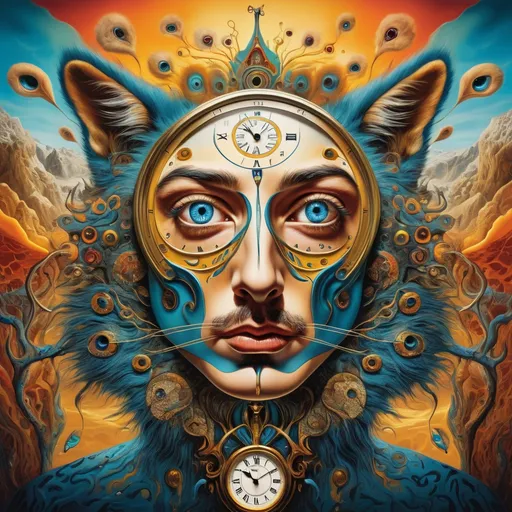 Prompt: intricate details , Surrealistic 8K illustration,vibrant colors, intense colors, melting clock elements, surreal Salvador Dali-inspired style, intricate fur patterns, intense and piercing gaze, dreamlike atmosphere, high quality, ultra-detailed, surrealism,detailed fur, surreal atmosphere, intense eyes, dreamlike lighting