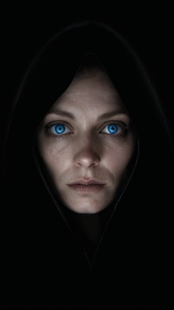 Prompt: Black and white photo taken in darkness only eyes and Contours of face is visible, a creepy woman with blue eyes and a hood on her head in the dark with a creepy expression on her face, Clarice Beckett, sots art, hyper realistic face, an album cover