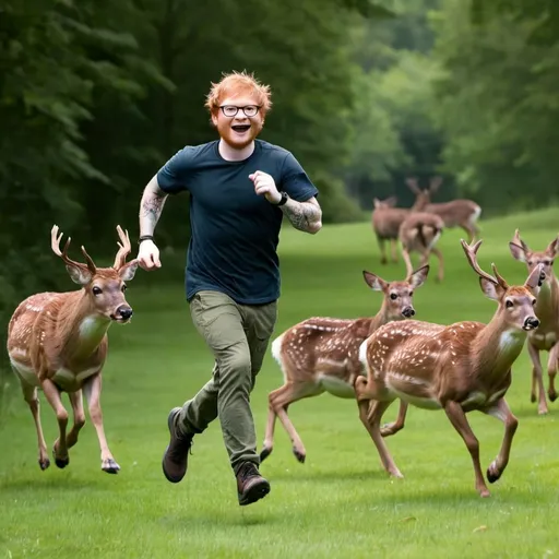 Prompt: ed sheeran running i panic from deer charging 