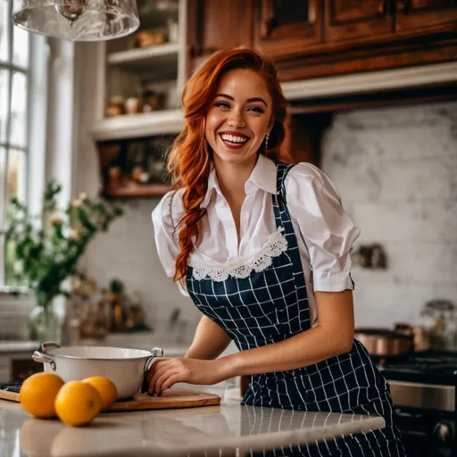 Prompt: HDR, 8K resolution, intricate detail, sophisticated detail, depth of field, photorealistic,<mymodel> sharp focus, portrait, portrait of 1girl, laughing, undercut hair, redhead, maid, freckles, apron, , amazing body, pronounced feminine feature, legwear suspenders, kitchen background, close up,