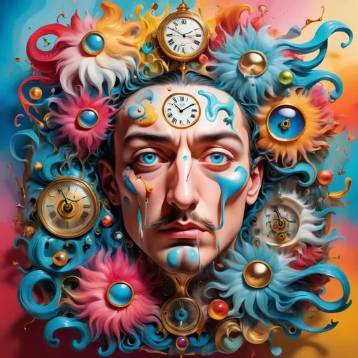 Prompt: Surrealistic 8K illustration of an overdetailed, photorealistic illusion with intense and piercing gaze, vibrant and intense colors, Salvador Dali-inspired style, intricate fur patterns, melting clock elements, dreamlike, vibrant color palette, highres, ultra-detailed, photorealistic, surreal, Salvador Dali-inspired, intense gaze, intricate patterns, dreamlike, vibrant colors