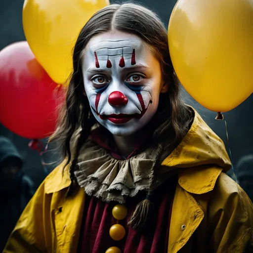 Prompt: Nikon z5 award winning photo, Horror photo intricate details, Greta Thunberg in iconic yellow raincoat holding her iconic sign skolstrejk för klimatet, Bill Skarsgård as It The Clown, red balloons, realistic portrait, horror, intense gaze, detailed facial expressions, high quality, atmospheric lighting, dark theme, theatrical, vibrant colors, cinematic