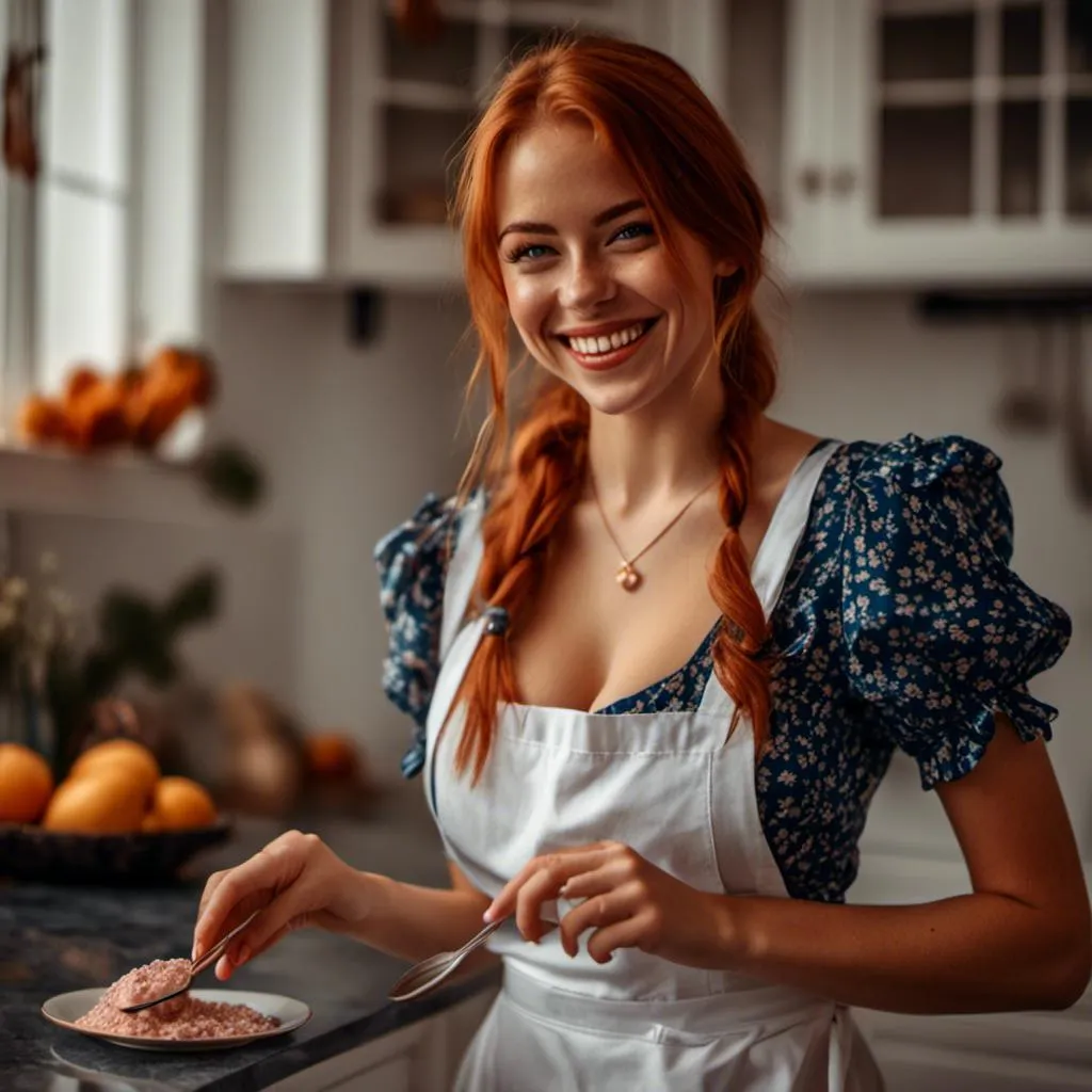 Prompt: <mymodel>HDR, 8K resolution, intricate detail, sophisticated detail, photorealistic, portrait, laughing, redhead, maid, freckles, apron, amazing body, pronounced feminine feature, legwear suspenders, kitchen background, close up, sharp focus, portrait of 1 girl, depth of field, photorealistic, HDR, 8K resolution, sophisticated detail, amazing body, pronounced feminine feature, maid, redhead, laughing, freckles, apron, legwear suspenders, kitchen background, close up