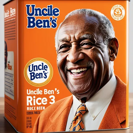 Prompt: Close-up of an iconic Uncle Ben's rice box, Bill Cosby's iconic smiling face instead of uncle ben, official product photo, high resolution, realistic, detailed logo, orange color theme, iconic mascot, vintage advertising, classic representation, intense and focused gaze, professional lighting