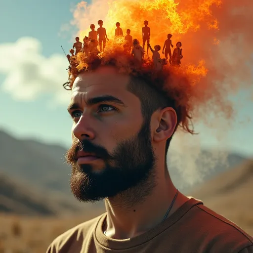 Prompt: a man with a group of people on his head with a fire coming out of his head and smoke coming out of his head, Dan Hillier, art photography, surreal photography, poster art intricately rendered shop in the style of Industrial Light and Magic, intricately rendered face, symmetrical face, sharp focus, hyperfine details, photographic lighting, 64k, UHD, detailed wilderness background , cinematic, hyperrealistic, studio photo, intricate details, hyper detailed, photographic detail, perfect composition, unreal engine 6, octane render, Canon R5, high details, INTRICATELY detailed face, detailed hair, sunny day, small tattoo, RTX on, raytracing on