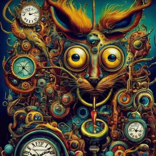 Prompt: Surrealistic 8K illustration, vibrant colors, intense colors, melting clock elements, surreal Salvador Dali-inspired style, intricate fur patterns, intense and piercing gaze, dreamlike atmosphere, high quality, ultra-detailed, surrealism,detailed fur, surreal atmosphere, intense eyes, dreamlike lighting