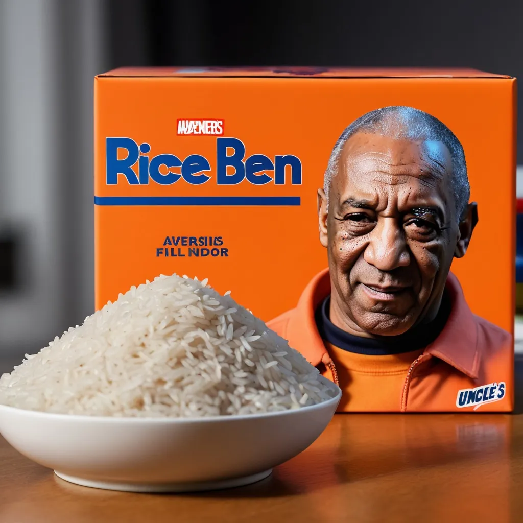 Prompt: a close up of a orange box of rice, uncle ben's rice , Bill Cosby advert logo, mascot, iconic logo, iconic logo symbol, rice mascot, photograph of drake the rapper, u.s. national security advisor, icon, trevor phillips, unmistakably kenyan, official product photo, uncle aloysius, film still from avengers endgame