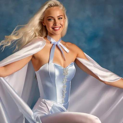 Prompt: <mymodel>(eaw photo) , Blue-eyed girl in her 20s smiling with long white hairin ponytail , long voluminous silver satin cape tied at the neck with a ribbon , leotard , full body, slight skin blemishes, sly smile, high-quality ultra realistic style, warm tones, soft lighting, detailed eyes, subtle freckles, professional, expressive