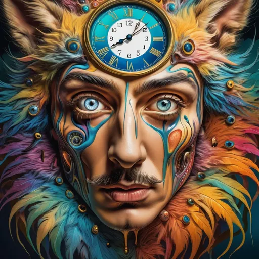 Prompt: intricate details , Surrealistic 8K illustration,vibrant colors, intense colors, melting clock elements, surreal Salvador Dali-inspired style, intricate fur patterns, intense and piercing gaze, dreamlike atmosphere, high quality, ultra-detailed, surrealism,detailed fur, surreal atmosphere, intense eyes, dreamlike lighting