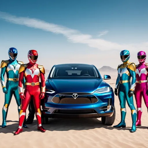 Prompt: Power Rangers with Elon Musk faces, Tesla logos on chests, Cybertruck Tesla, high-tech suits, detailed facial features, futuristic city skyline, intense and focused gazes, sleek and professional design, cyberpunk, highres, ultra-detailed, sci-fi, cool tones, atmospheric lighting