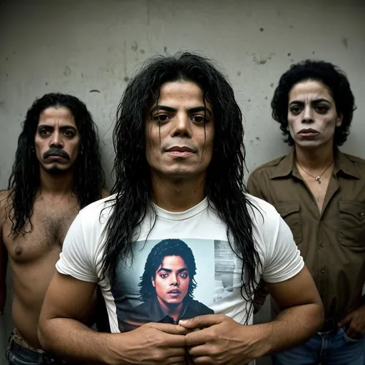 Prompt: Mexican Micheal Jackson, Stock photo portrait of scary most ugliest person in the universe  with photo studio background of Michael Jackson worst imitator most ugly and creepy workers with junkies and crackhead appearances, disheveled attire, dilated pupils, grimy and unkempt surroundings, low-quality, gritty realism, documentary style, desaturated colors, harsh lighting, intense expressions, drug-induced demeanor, raw and unfiltered, unprofessional, rough and rugged