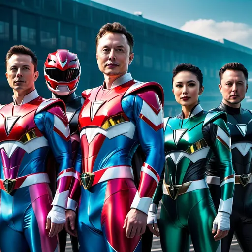 Prompt: Power Rangers with Elon Musk faces, Tesla logos on chests, Cybertruck Tesla, high-tech suits, detailed facial features, futuristic city skyline, intense and focused gazes, sleek and professional design, cyberpunk, highres, ultra-detailed, sci-fi, cool tones, atmospheric lighting