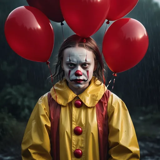 Prompt: Greta Thunberg in iconic yellow raincoat, Bill Skarsgård as It The Clown, red balloons, realistic portrait, horror, intense gaze, detailed facial expressions, high quality, atmospheric lighting, dark theme, theatrical, vibrant colors, cinematic