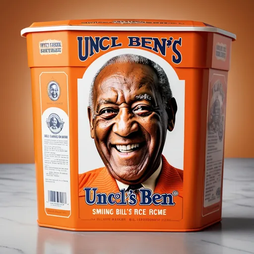 Prompt: Close-up of an iconic Uncle Ben's rice box, Bill Cosby's iconic smiling face, official product photo, high resolution, realistic, detailed logo, orange color theme, iconic mascot, vintage advertising, classic representation, intense and focused gaze, professional lighting