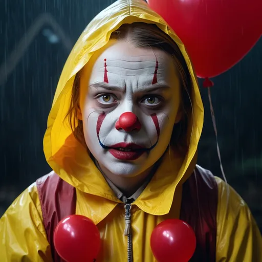 Prompt: Greta Thunberg in iconic yellow raincoat, Bill Skarsgård as It The Clown, red balloons, realistic portrait, horror, intense gaze, detailed facial expressions, high quality, atmospheric lighting, dark theme, theatrical, vibrant colors, cinematic