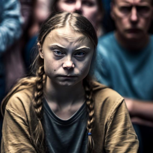 Prompt: Greta Thunberg sitting angrily with a protest sign, oil painting, intense expression, environmental activism, high quality, realistic, dramatic lighting, earthy tones, detailed wrinkles, powerful message