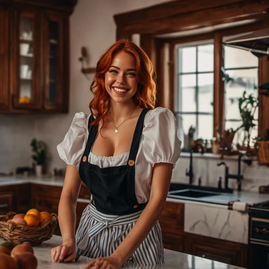 Prompt: <mymodel>HDR, 8K resolution, intricate detail, sophisticated detail, photorealistic, portrait, laughing, redhead, maid, freckles, apron, amazing body, pronounced feminine feature, legwear suspenders, kitchen background, close up, sharp focus, portrait of 1 girl, depth of field, photorealistic, HDR, 8K resolution, sophisticated detail, amazing body, pronounced feminine feature, maid, redhead, laughing, freckles, apron, legwear suspenders, kitchen background, close up