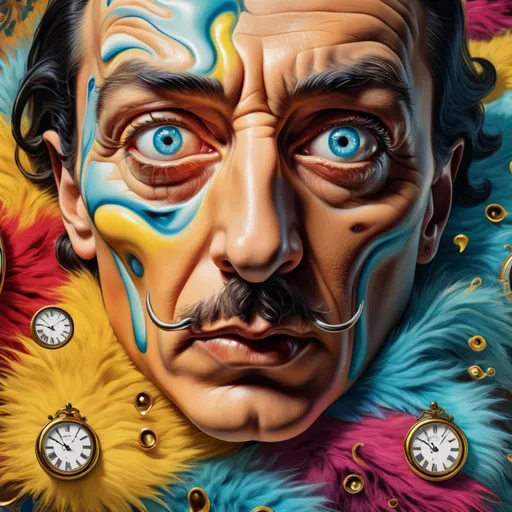 Prompt: Surrealistic 8K illustration of an overdetailed, photorealistic illusion with intense and piercing gaze, vibrant and intense colors, Salvador Dali-inspired style, intricate fur patterns, melting clock elements, dreamlike, vibrant color palette, highres, ultra-detailed, photorealistic, surreal, Salvador Dali-inspired, intense gaze, intricate patterns, dreamlike, vibrant colors