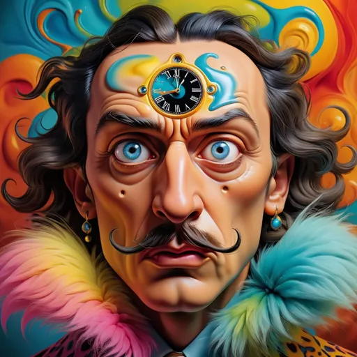 Prompt: Surrealistic 8K illustration of an overdetailed, photorealistic illusion with intense and piercing gaze, vibrant and intense colors, Salvador Dali-inspired style, intricate fur patterns, melting clock elements, dreamlike, vibrant color palette, highres, ultra-detailed, photorealistic, surreal, Salvador Dali-inspired, intense gaze, intricate patterns, dreamlike, vibrant colors