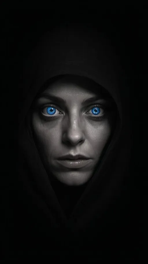 Prompt: Black and white photo taken in darkness only eyes and Contours of face is visible, a creepy woman with blue eyes and a hood on her head in the dark with a creepy expression on her face, Clarice Beckett, sots art, hyper realistic face, an album cover