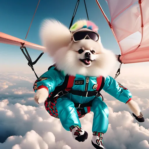 Prompt: White Fur; White Pomeranian; Skydiving Pomeranian; Gucci hexagon pattern with letters GG; parachute with Gucci logo; high-end 3D rendering; glossy reflections on fur; intense and fearless gaze; iconic Gucci color palette; high-quality, <mymodel>3D rendering; luxurious, high fashion; detailed fur; vibrant colors; intense gaze; skydiving scene; iconic branding