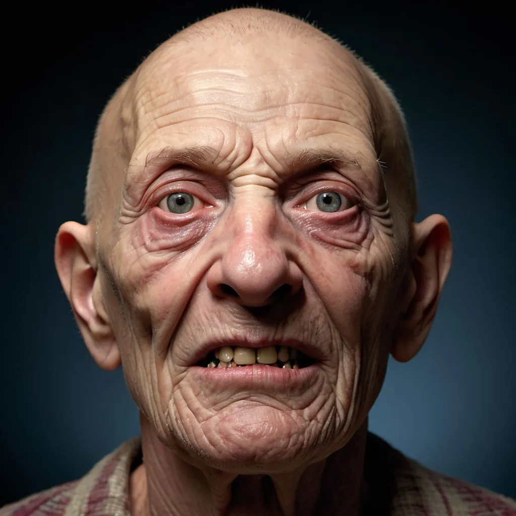 Prompt: Studio photo of the world's 'ugliest' person, hyper-realistic, surreal and creepy, exaggerated facial features, detailed wrinkles and blemishes, high definition, over-detailed, unsettling, horror, exaggerated features, uncanny valley, bizarre lighting, eerie atmosphere, haunting, uncomfortable, unsettling, exaggerated portrait, unpleasant, highly detailed textures