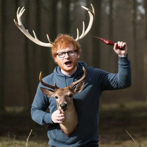 Prompt: ed sheeran running i panic with deer head punching deer horns off bloody , from deer charging , ed fighting a deer, ed sheeran holding horn from deer, Deer with bloody horns