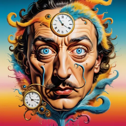 Prompt: Surrealistic 8K illustration of an overdetailed, photorealistic illusion with intense and piercing gaze, vibrant and intense colors, Salvador Dali-inspired style, intricate fur patterns, melting clock elements, dreamlike, vibrant color palette, highres, ultra-detailed, photorealistic, surreal, Salvador Dali-inspired, intense gaze, intricate patterns, dreamlike, vibrant colors