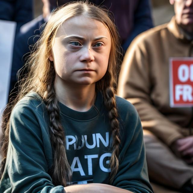 Prompt: Greta Thunberg sitting angrily with a protest sign, oil painting, intense expression, environmental activism, high quality, realistic, dramatic lighting, earthy tones, detailed wrinkles, powerful message