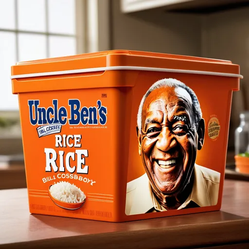 Prompt: Close-up of an iconic Uncle Ben's rice box, Bill Cosby's iconic smiling face, official product photo, high resolution, realistic, detailed logo, orange color theme, iconic mascot, vintage advertising, classic representation, intense and focused gaze, professional lighting