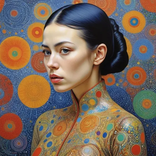 Prompt: Overdetailed , Most beautiful woman in the world , The most beautiful painting highly detailed extremely detailed oil on canvas crisp quality colourful Picasso Van Gogh no text klimt Alex Grey Bridget Riley Yayoi Kusama Figurative Art murakami  extremely detailed background