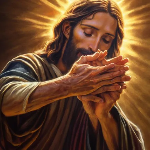 Prompt: Jesus with outstretched hand holding a wooden cross, praying hands, realistic oil painting, sacred aura, serene lighting, detailed facial features, warm earthly tones, high quality, realistic, sacred, detailed hands, spiritual, oil painting, serene lighting