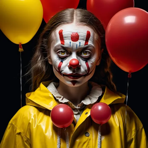 Prompt: Nikon z5 award winning photo, Horror photo intricate details, Greta Thunberg in iconic yellow raincoat holding her iconic sign skolstrejk för klimatet, Bill Skarsgård as It The Clown, red balloons, realistic portrait, horror, intense gaze, detailed facial expressions, high quality, atmospheric lighting, dark theme, theatrical, vibrant colors, cinematic