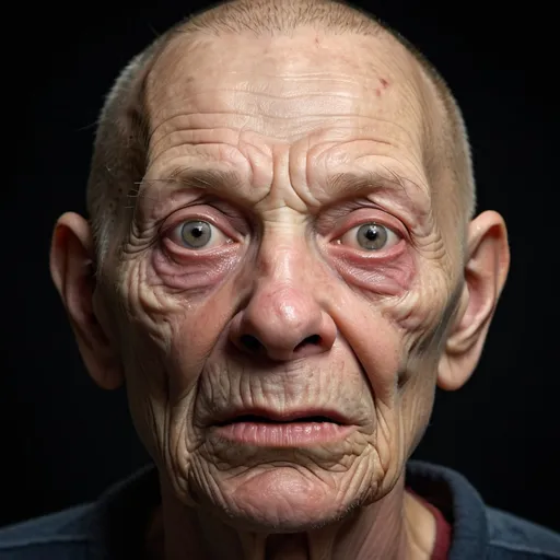 Prompt: Studio photo of the world's 'ugliest' person, hyper-realistic, surreal and creepy, exaggerated facial features, detailed wrinkles and blemishes, high definition, over-detailed, unsettling, horror, exaggerated features, uncanny valley, bizarre lighting, eerie atmosphere, haunting, uncomfortable, unsettling, exaggerated portrait, unpleasant, highly detailed textures