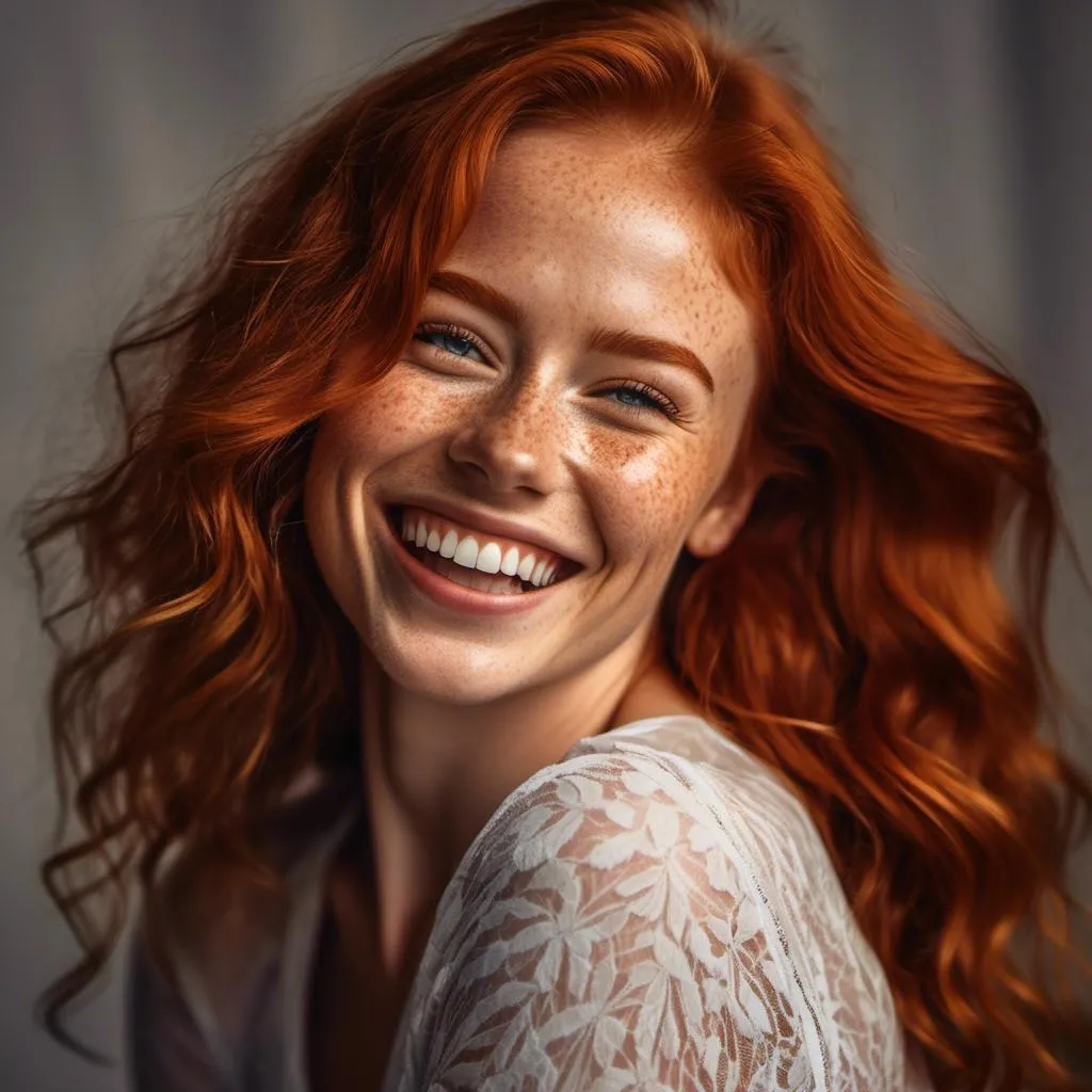 Prompt: High Dynamic Range (HDR) capture at 8K resolution, intricately detailed portrait of a laughing, redheaded model with freckles and pronounced feminine features. The photorealistic image showcases the model's amazing physique, set against a sophisticated photo studio background in sharp focus with a shallow depth of field.<mymodel>