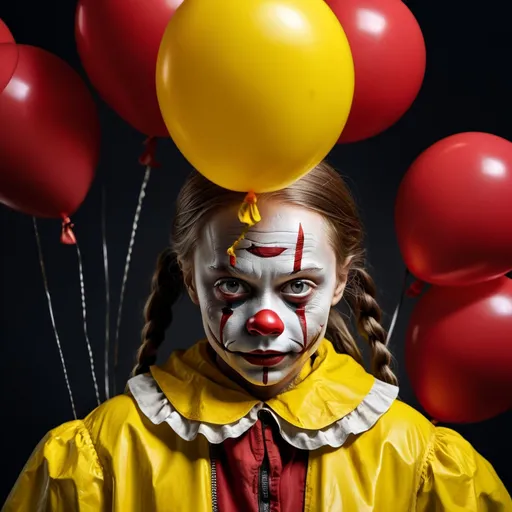 Prompt: Nikon z5 award winning photo, Horror photo intricate details, Greta Thunberg in iconic yellow raincoat holding her iconic sign skolstrejk för klimatet, Bill Skarsgård as It The Clown, red balloons, realistic portrait, horror, intense gaze, detailed facial expressions, high quality, atmospheric lighting, dark theme, theatrical, vibrant colors, cinematic