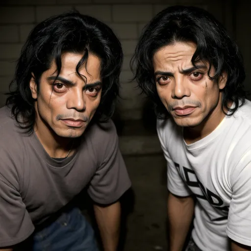 Prompt: Mexican Micheal Jackson, Stock photo portrait of scary most ugliest person in the universe  with photo studio background of Michael Jackson worst imitator most ugly and creepy workers with junkies and crackhead appearances, disheveled attire, dilated pupils, grimy and unkempt surroundings, low-quality, gritty realism, documentary style, desaturated colors, harsh lighting, intense expressions, drug-induced demeanor, raw and unfiltered, unprofessional, rough and rugged