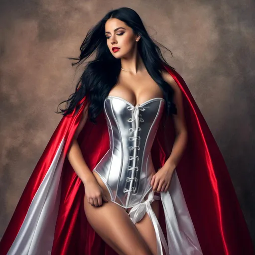 Prompt: <mymodel>((long high collar shiny silver and red lined cloak tied at the neck)), delicate and beautiful , demure girl , long black hair , shyly smiling  , silver corset and short skirt , right arm sweeping cape to the left,  RAW Photo , full colour , best quality , HDR , photographic , realism pushed to extreme , fine texture , ultrarealistic, film grain , full length , 8K , vogue,