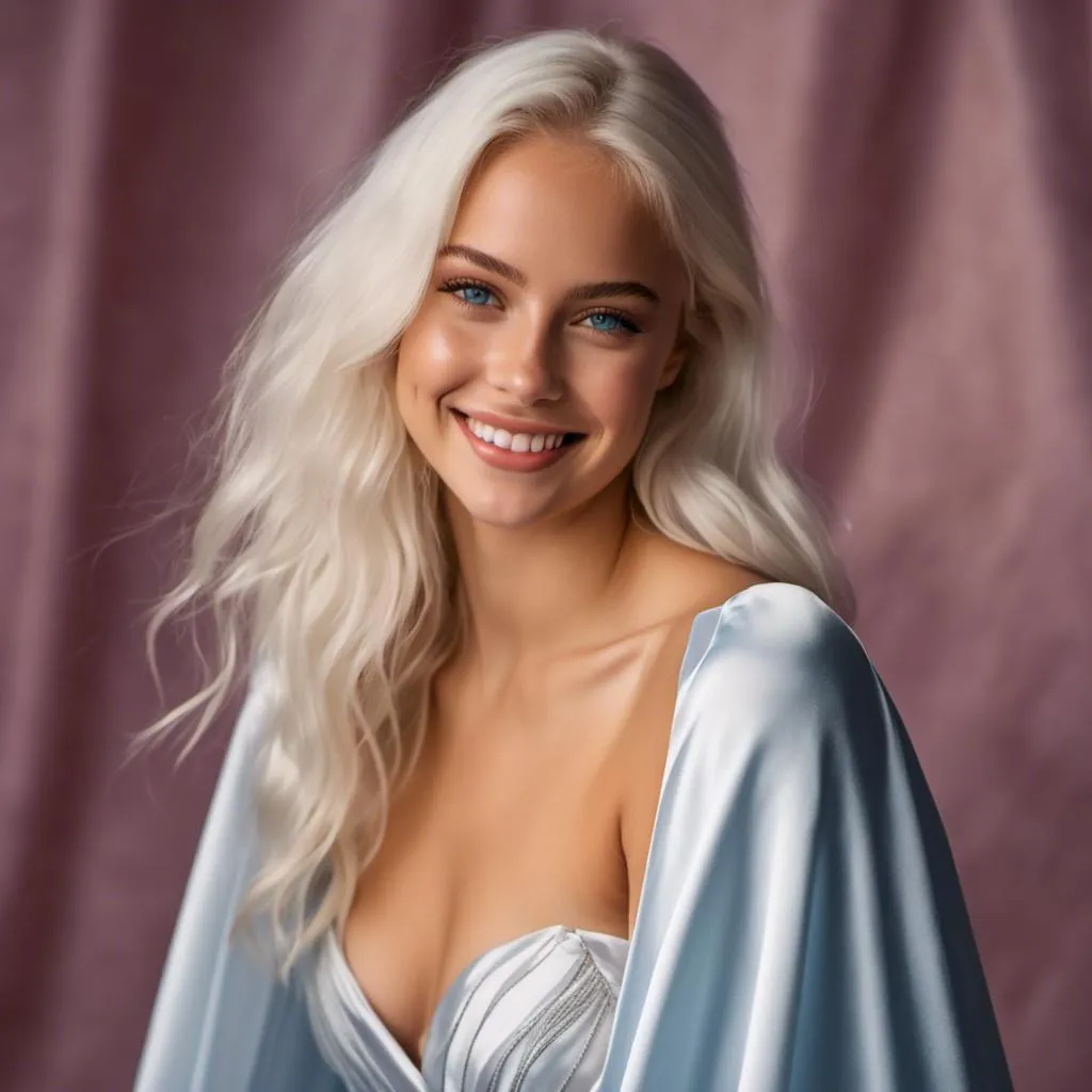 Prompt: <mymodel>(eaw photo) , Blue-eyed girl in her 20s smiling with long white hairin ponytail , long voluminous silver satin cape tied at the neck with a ribbon , leotard , full body, slight skin blemishes, sly smile, high-quality ultra realistic style, warm tones, soft lighting, detailed eyes, subtle freckles, professional, expressive