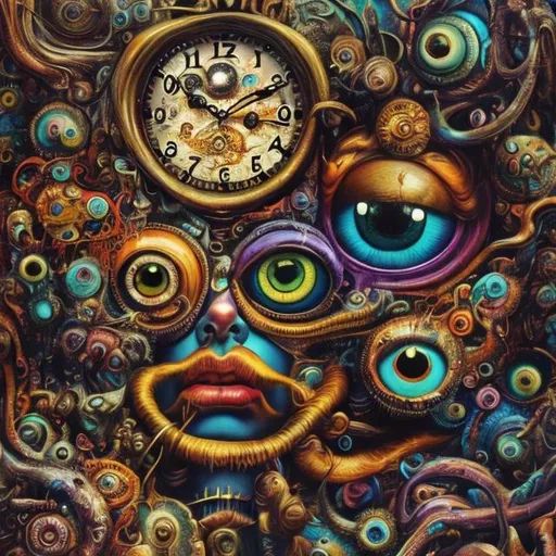 Prompt: Surrealistic 8K illustration, vibrant colors, intense colors, melting clock elements, surreal Salvador Dali-inspired style, intricate fur patterns, intense and piercing gaze, dreamlike atmosphere, high quality, ultra-detailed, surrealism,detailed fur, surreal atmosphere, intense eyes, dreamlike lighting