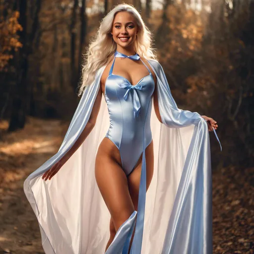 Prompt: <mymodel>(eaw photo) , Blue-eyed girl in her 20s smiling with long white hairin ponytail , long voluminous silver satin cape tied at the neck with a ribbon , leotard , full body, slight skin blemishes, sly smile, high-quality ultra realistic style, warm tones, soft lighting, detailed eyes, subtle freckles, professional, expressive