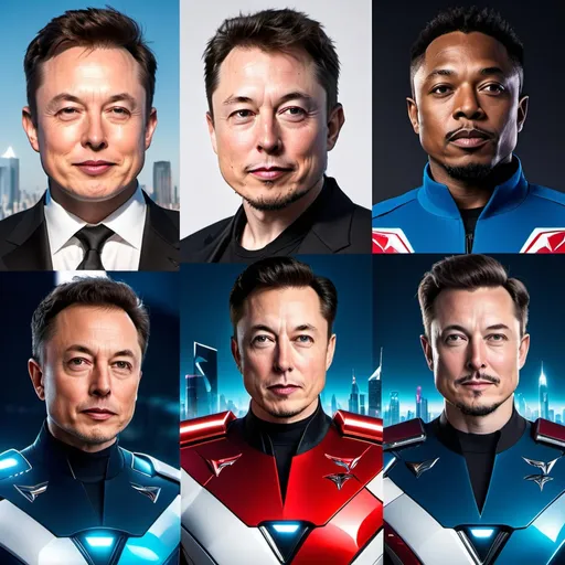 Prompt: Power Rangers with Elon Musk faces, Tesla logos on chests, Cybertruck Tesla, high-tech suits, detailed facial features, futuristic city skyline, intense and focused gazes, sleek and professional design, cyberpunk, highres, ultra-detailed, sci-fi, cool tones, atmospheric lighting