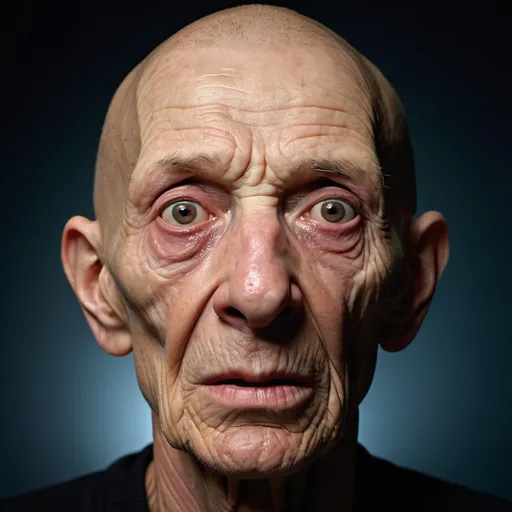 Prompt: Studio photo of the world's 'ugliest' person, hyper-realistic, surreal and creepy, exaggerated facial features, detailed wrinkles and blemishes, high definition, over-detailed, unsettling, horror, exaggerated features, uncanny valley, bizarre lighting, eerie atmosphere, haunting, uncomfortable, unsettling, exaggerated portrait, unpleasant, highly detailed textures