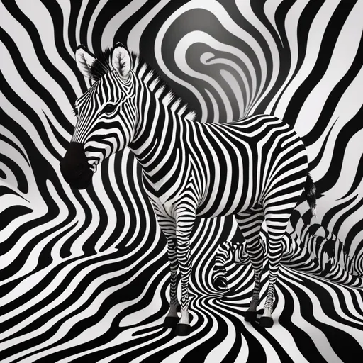 Prompt: a zebra standing in front of a black and white striped background, by Bridget Riley, zebra op art, motion lines, opart, optical art, op art, illusion psychedelic art, fluid lines, op art with big bold patterns, optical illusion art, inspired by Bridget Riley, by Dahlov Ipcar, very trippy and abstract, mind-bending digital art