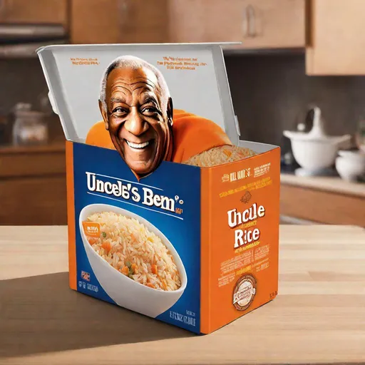 Prompt: Close-up of an iconic Uncle Ben's rice box, Bill Cosby's iconic smiling face instead of uncle ben, official product photo, high resolution, realistic, detailed logo, orange color theme, iconic mascot, vintage advertising, classic representation, intense and focused gaze, professional lighting