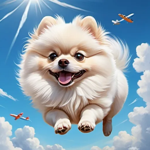 Prompt: White fur Pomeranian skydiving, fluffy clouds, vibrant blue sky, realistic painting, high quality, detailed fur, cute and playful, realistic style, bright and sunny, cheerful atmosphere, sunny day, fluffy clouds, high detail, realistic painting, vibrant blue sky, playful dog, white fur, realistic fur texture, high quality, cheerful atmosphere