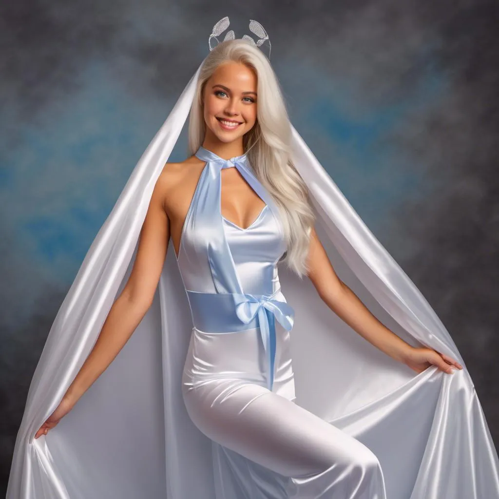 Prompt: <mymodel>(eaw photo) , Blue-eyed girl in her 20s smiling with long white hairin ponytail , long voluminous silver satin cape tied at the neck with a ribbon , leotard , full body, slight skin blemishes, sly smile, high-quality ultra realistic style, warm tones, soft lighting, detailed eyes, subtle freckles, professional, expressive